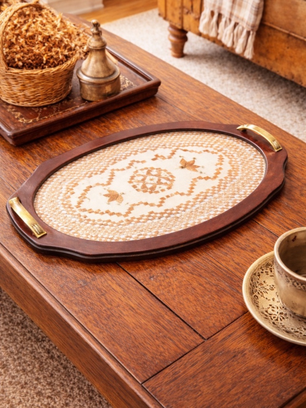 Vintage Embroidered Lefkara Lace Wooden Serving Tray